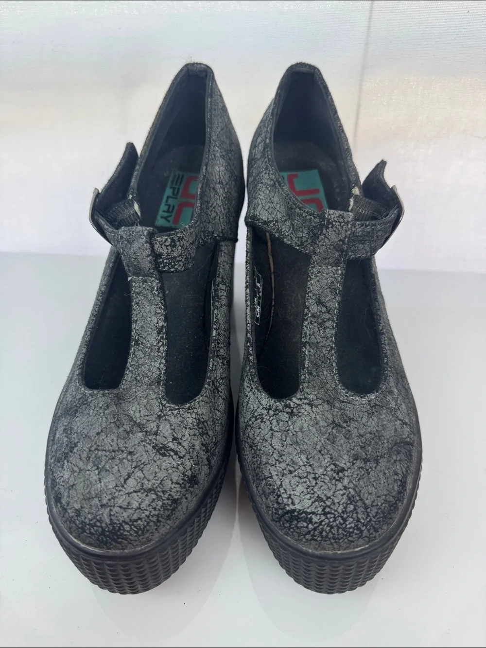 JC Play Jeffery Campbell Gray Black Marbled T-Strap buckle Platform Heels  Size8